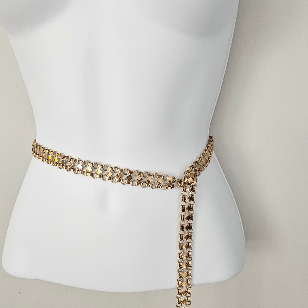 Women Double Row VTG Diamond Link Chain Belt OS Gold Retro Glam Y2K